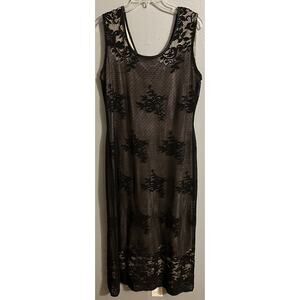 CW Rose Women’s Size 12 Long Beige & Black Satin Lace Sleeveless Maxi Dress EUC